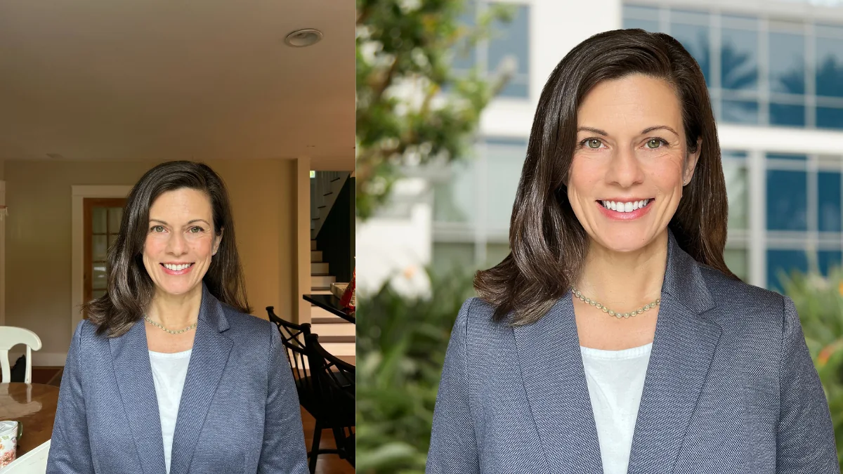 before and after professional retouching showing glasses glare removal