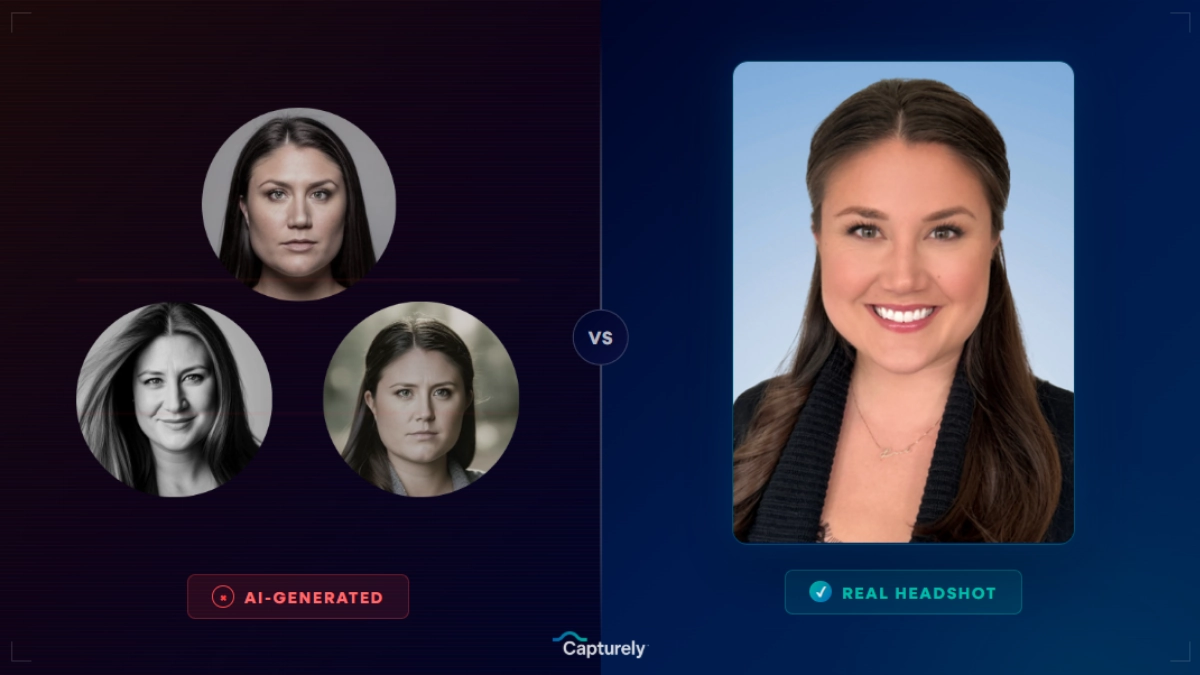AI-generated headshot versus real financial advisor headshot comparison showing authenticity gap