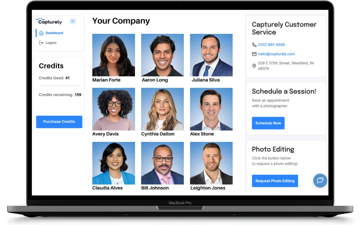 admin dashboard tracking employee headshot program completion rates across departments