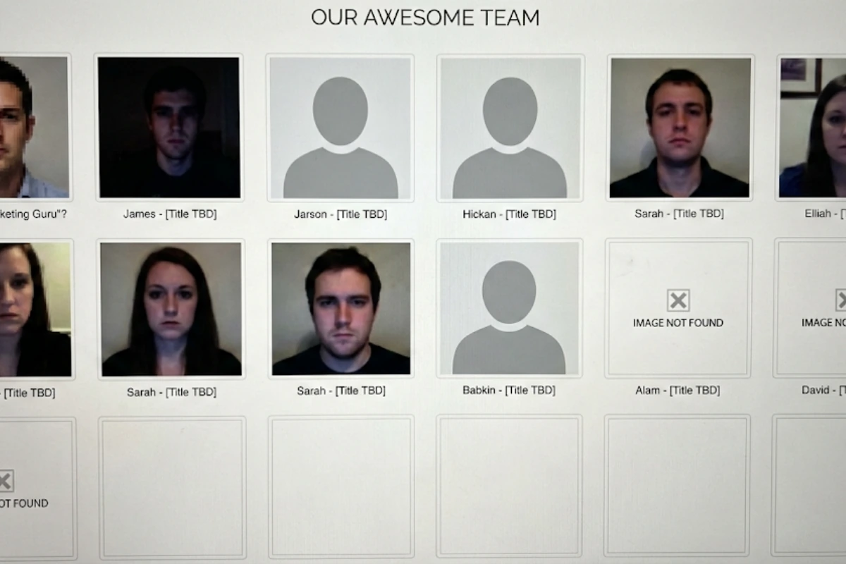 inconsistent team page showing low headshot participation with missing and mismatched employee photos