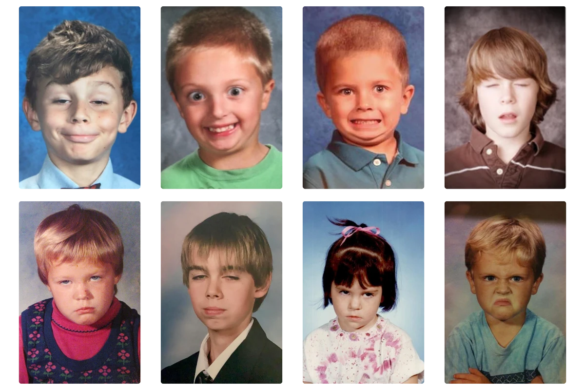 grid of disappointing school photos with closed eyes forced smiles and awkward poses from assembly line picture day