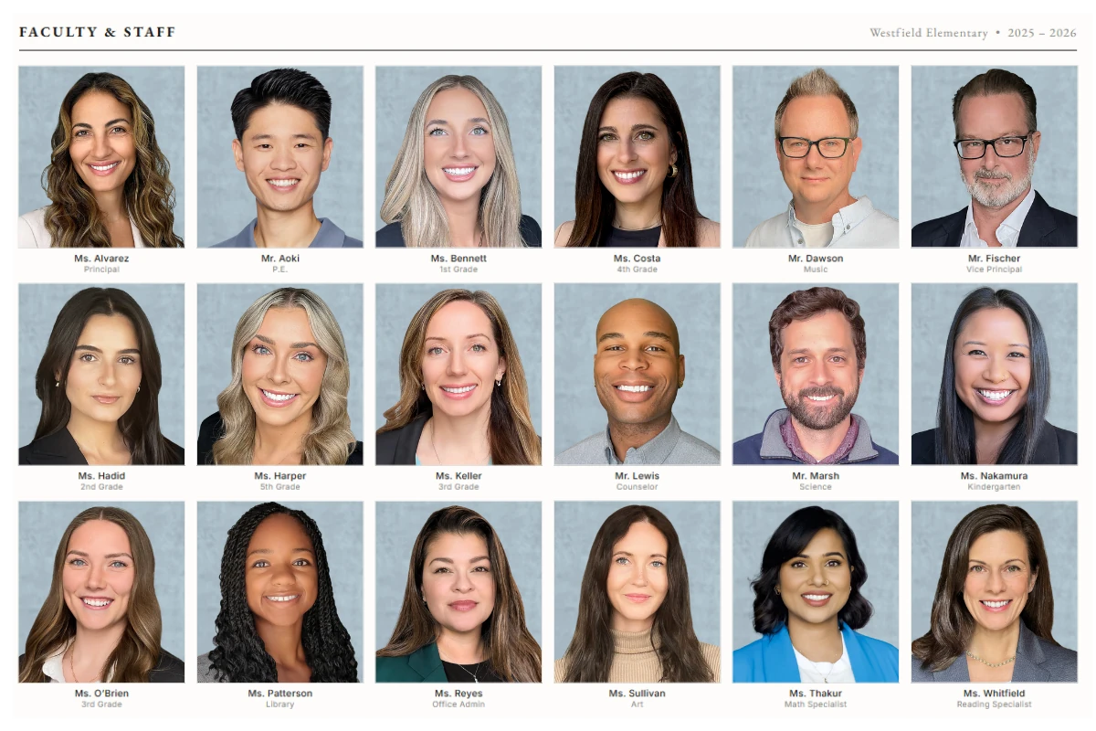 school staff directory grid showing consistent portrait framing across multiple subjects, the same level of uniformity required for a photo-mosaic yearbook cover
