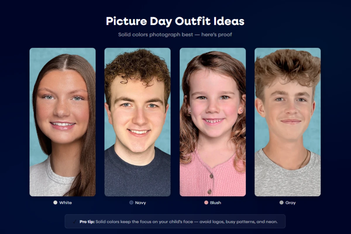 picture day outfit examples showing kids in solid colors and layered looks