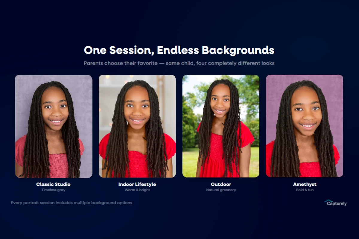 same child photographed with four different virtual school portrait background options showing variety