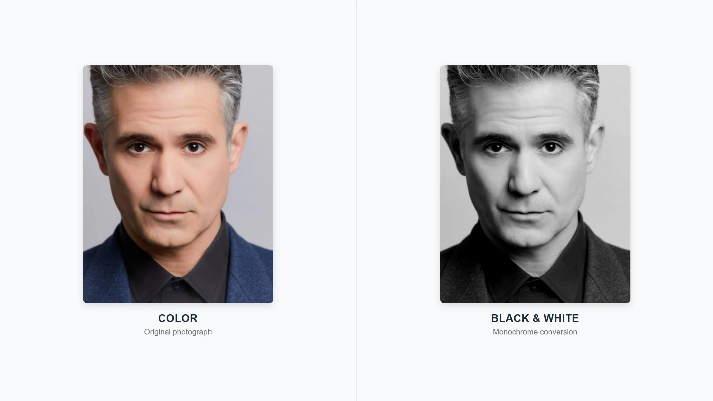 color vs black and white headshot side by side comparison of the same professional