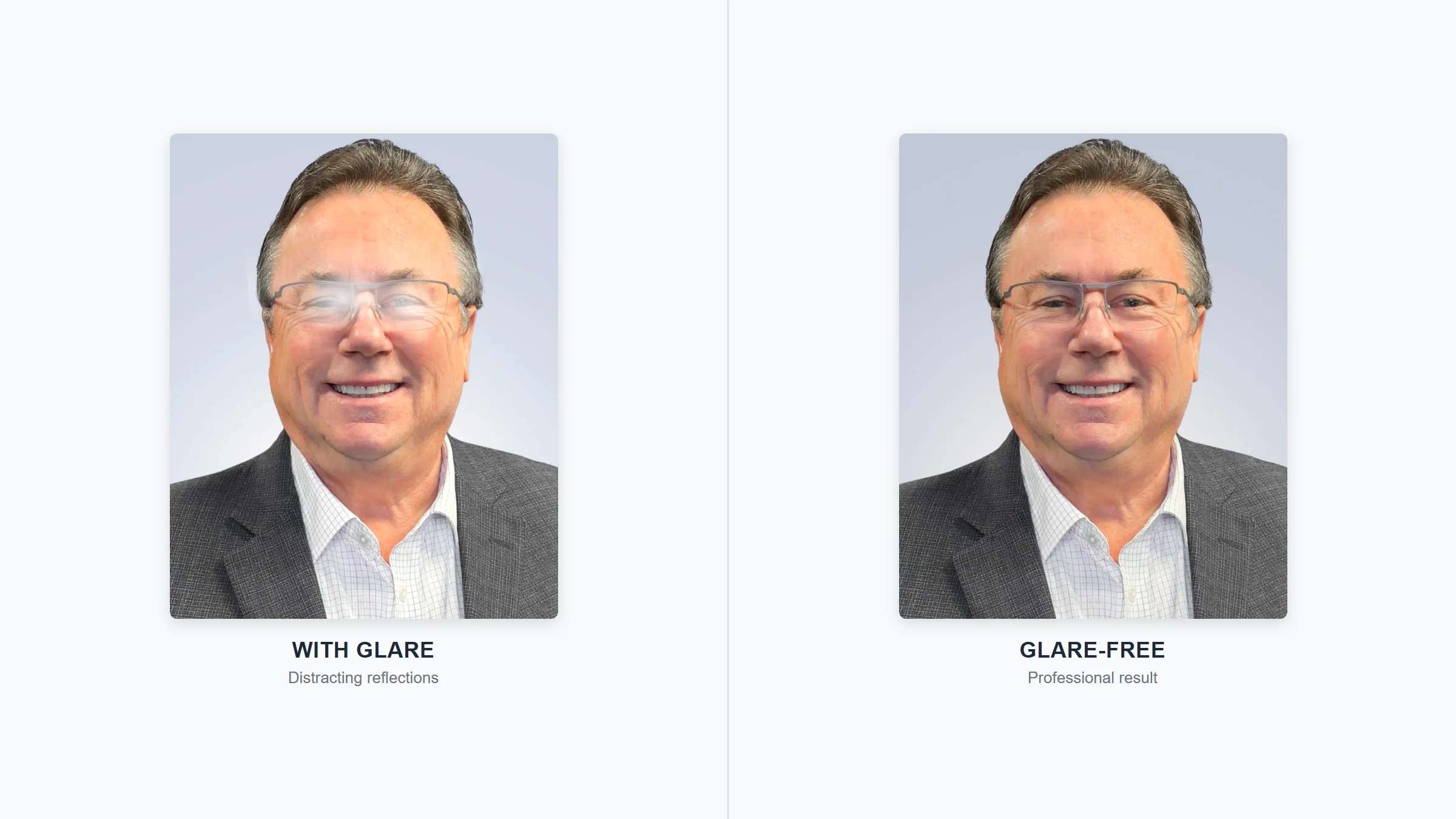 glasses glare versus no-glare comparison in professional headshots