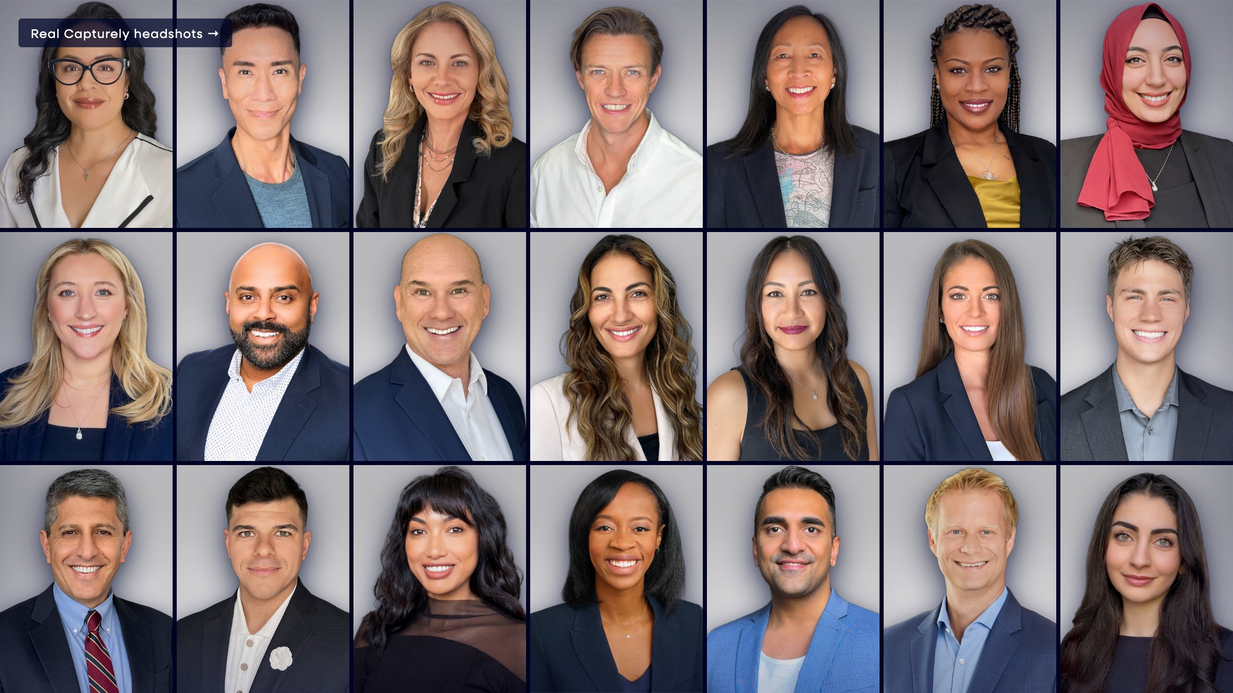 50 corporate headshot examples — a mosaic of real Capturely client headshots across industries