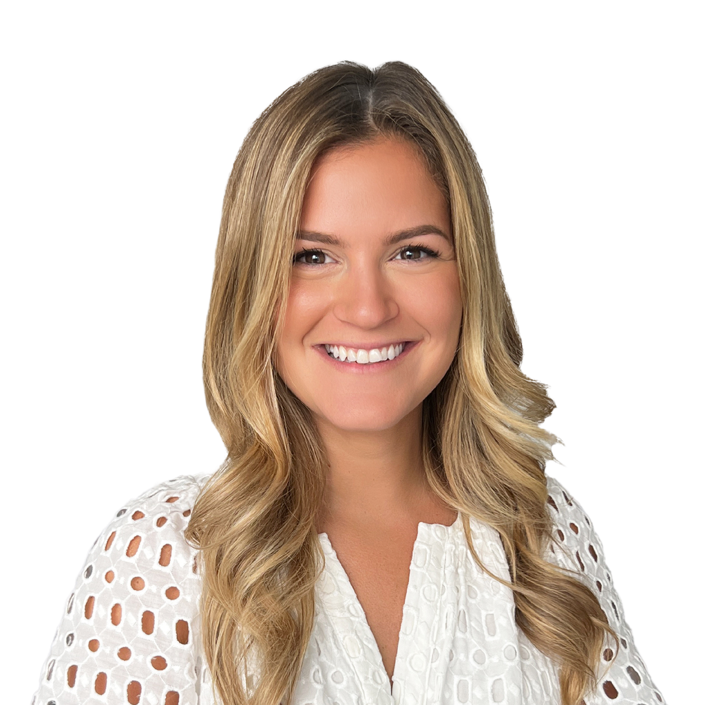 17. Telehealth provider. Smiling young adult woman with long blonde hair wearing a white eyelet top against a solid black background