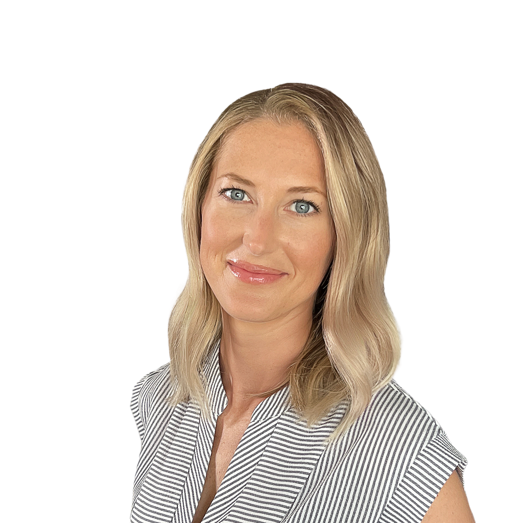 44. Female art director. Smiling woman with blonde hair wearing a striped top, set against a plain white background