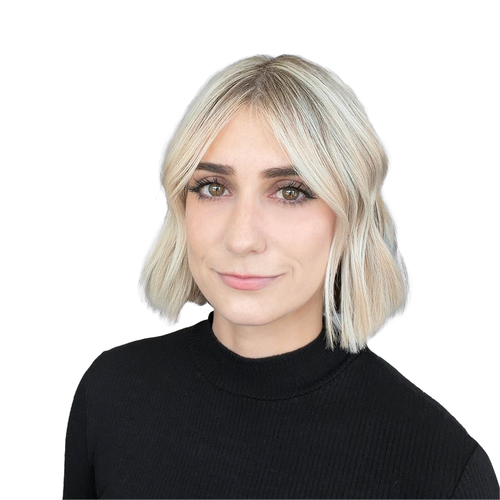 47. K-12 teacher. Professional virtual headshot of a young adult female with blonde hair wearing a black sweater against a solid black background