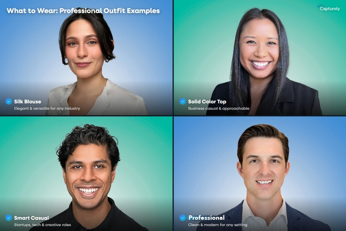 What to wear for a professional headshot: four outfit examples (silk blouse, solid color top, smart casual, and professional)