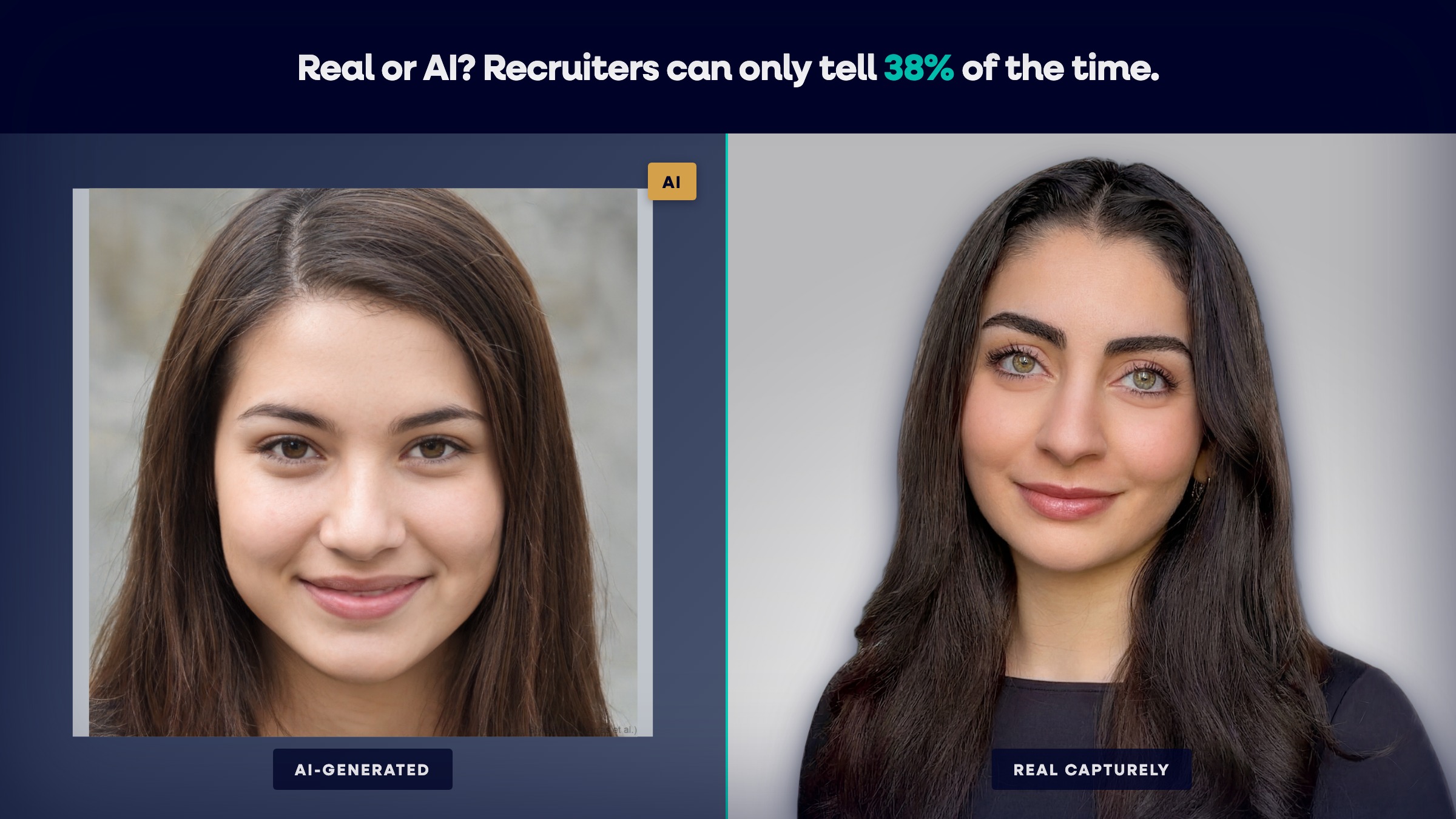 AI-generated headshot versus real Capturely headshot side by side for LinkedIn profile photo comparison