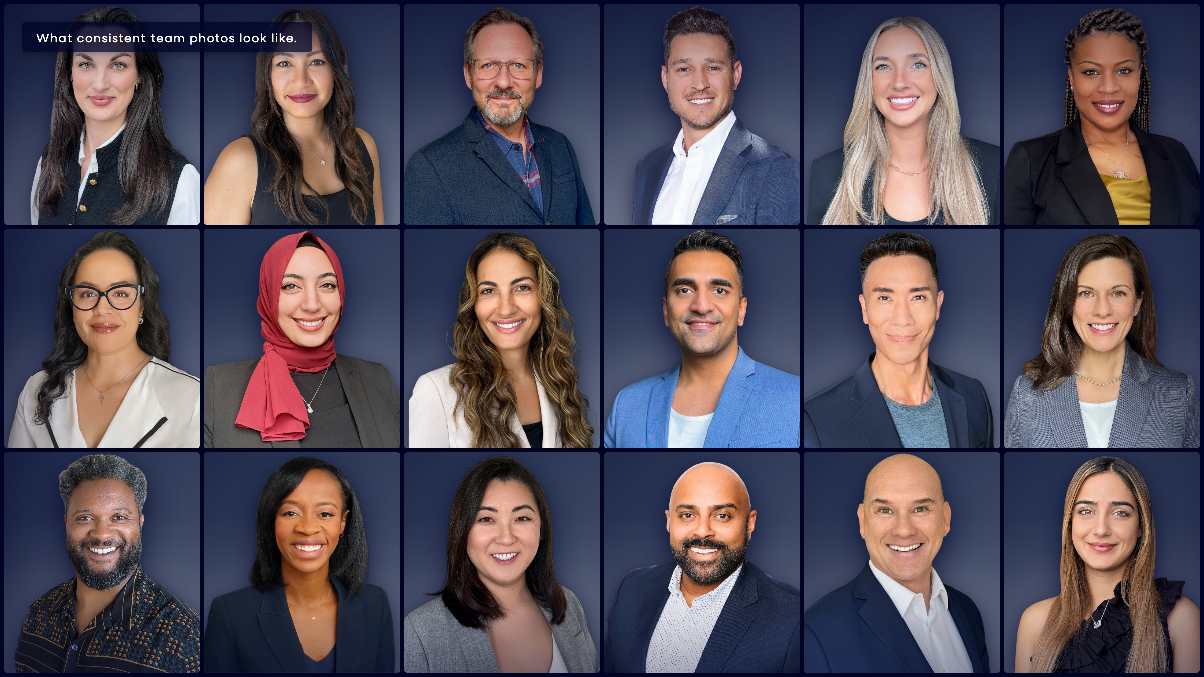 Consistent company team photos grid showing 18 employee headshots on matching navy background