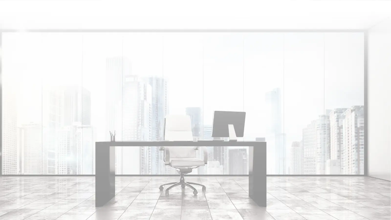 An empty office with a stunning cityscape view.